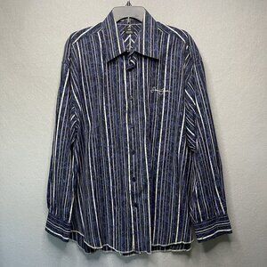 Sean John XXL Mens Black Blue White Striped Button-Up Shirt